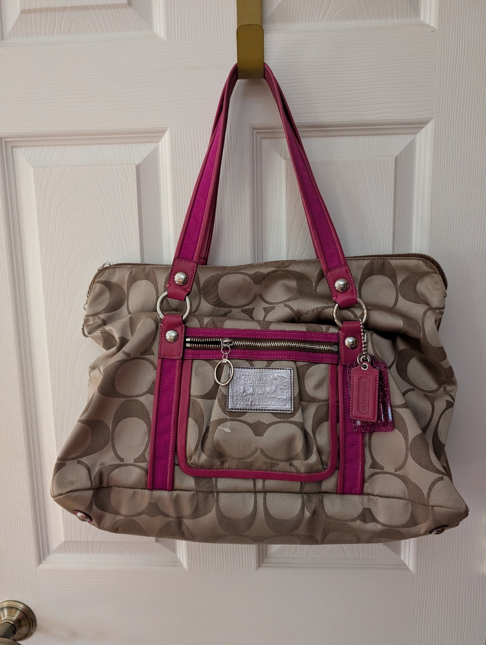 Coach Poppy Travel Bag Khaki with Pink Trim Guc Y2K Rare Purse